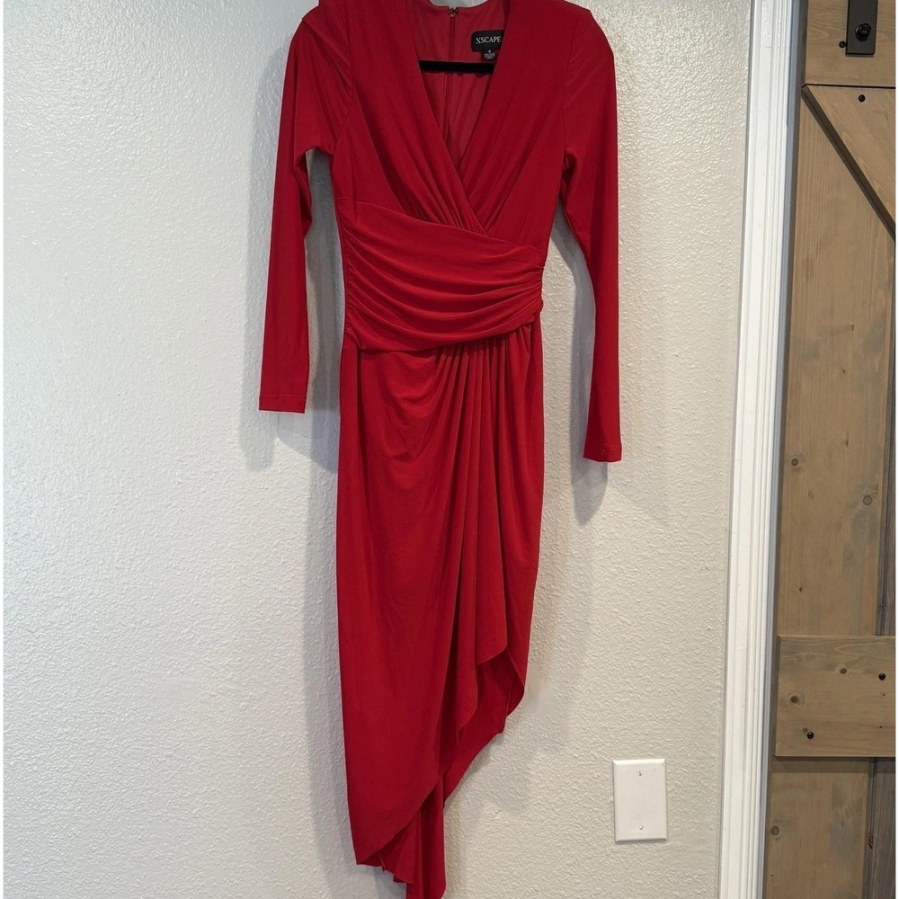 XSCAPE Dress Womens 4 Red Ruched Wrap Asymmetrical Hem Long Sleeve Made USA EUC